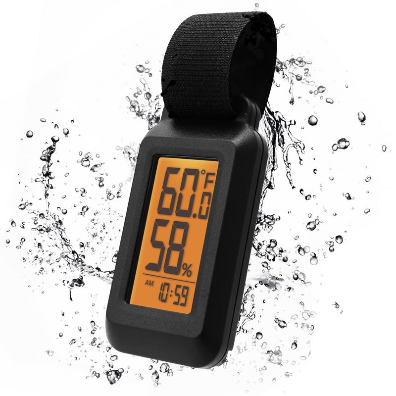 dretec Portable Digital Thermometer Hygrometer Splash Proof IPX4 Clock Function Backlight for Backpacking, Skiing, Outdoor Thermometer Activity Black - Image 1